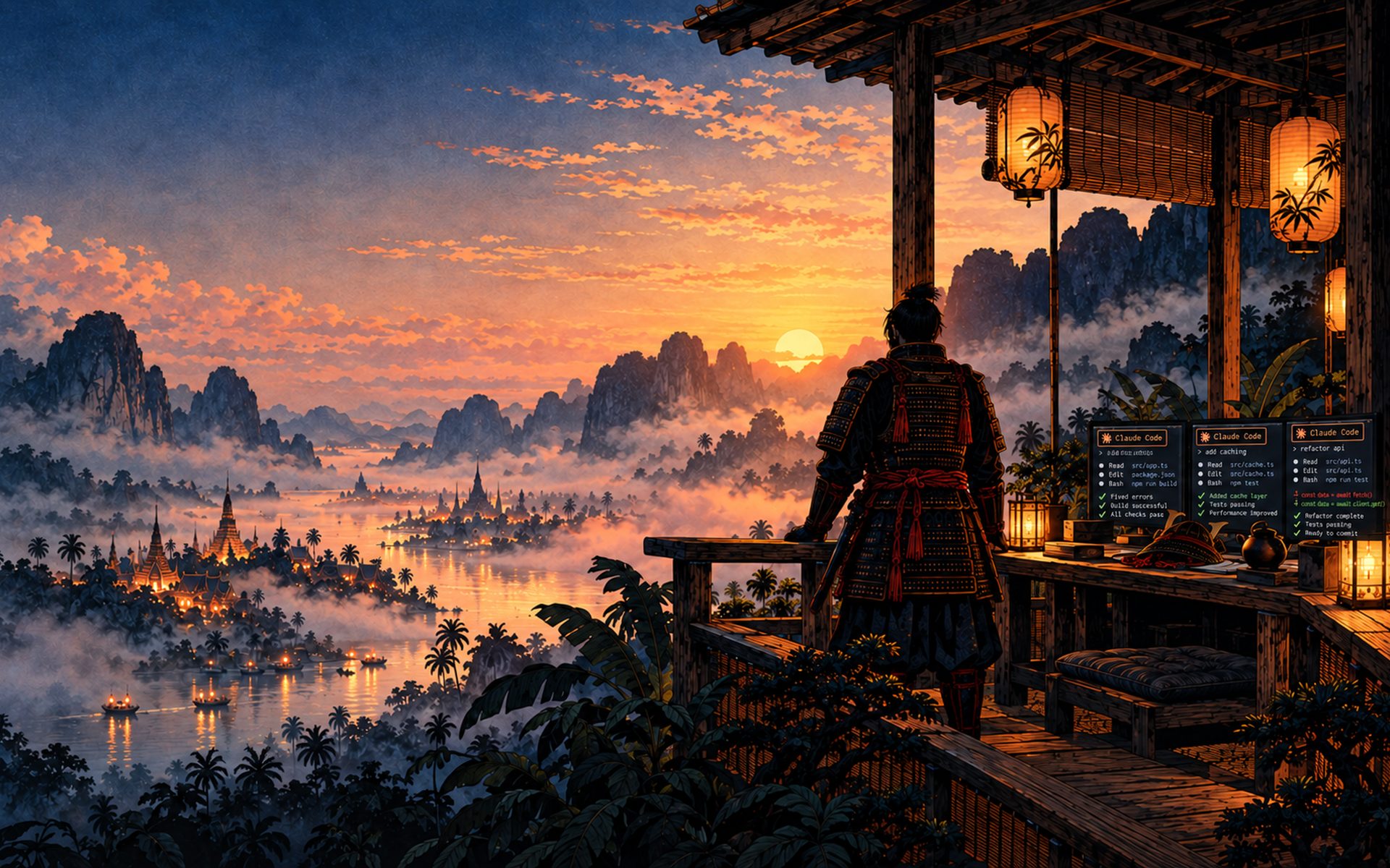 Dawn over the river valley: the samurai, helmet off and resting on the desk, stands at the veranda rail watching the sun rise through pink mist.