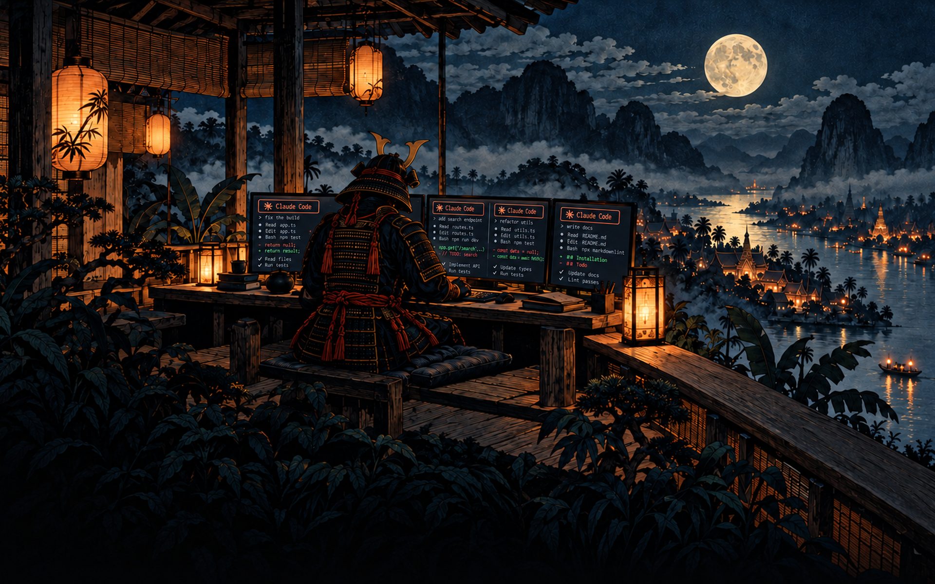 Cinematic woodblock painting: a samurai in lacquered armour, seen from behind, works at a desk of monitors running Claude Code on a lantern-lit veranda above a misty Thai river valley at night, temples and a full moon beyond.