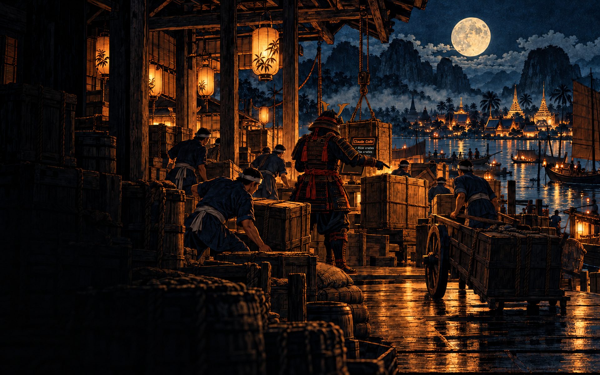 A lantern-lit riverside warehouse: workers pack crates and pull a cart while the samurai checks a tablet and points to the next crate.