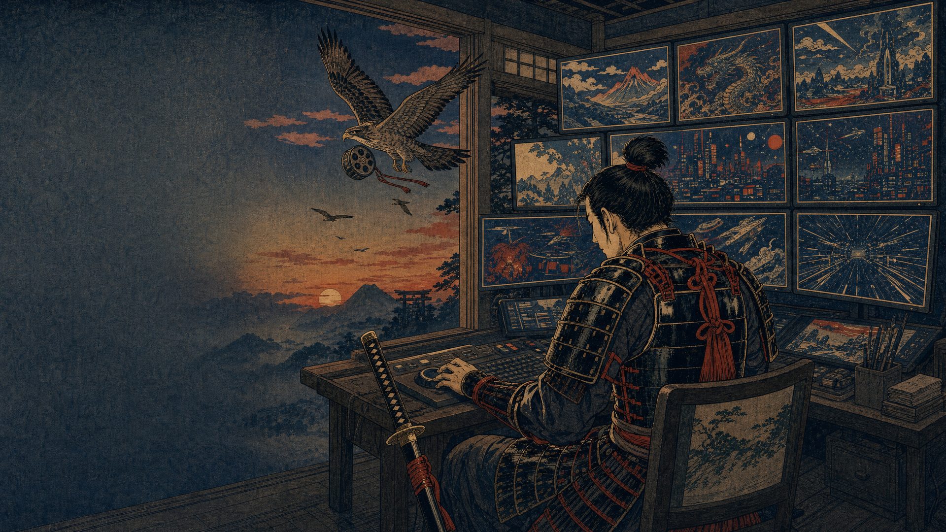 Woodblock print: the samurai sits before a wall of screens showing prints in progress while a hawk carries a film reel into the sunset.